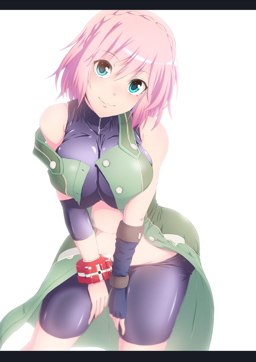 1girl, bare_shoulders, bent_over, between_legs, black_border, black_gloves, blue_eyes, blush