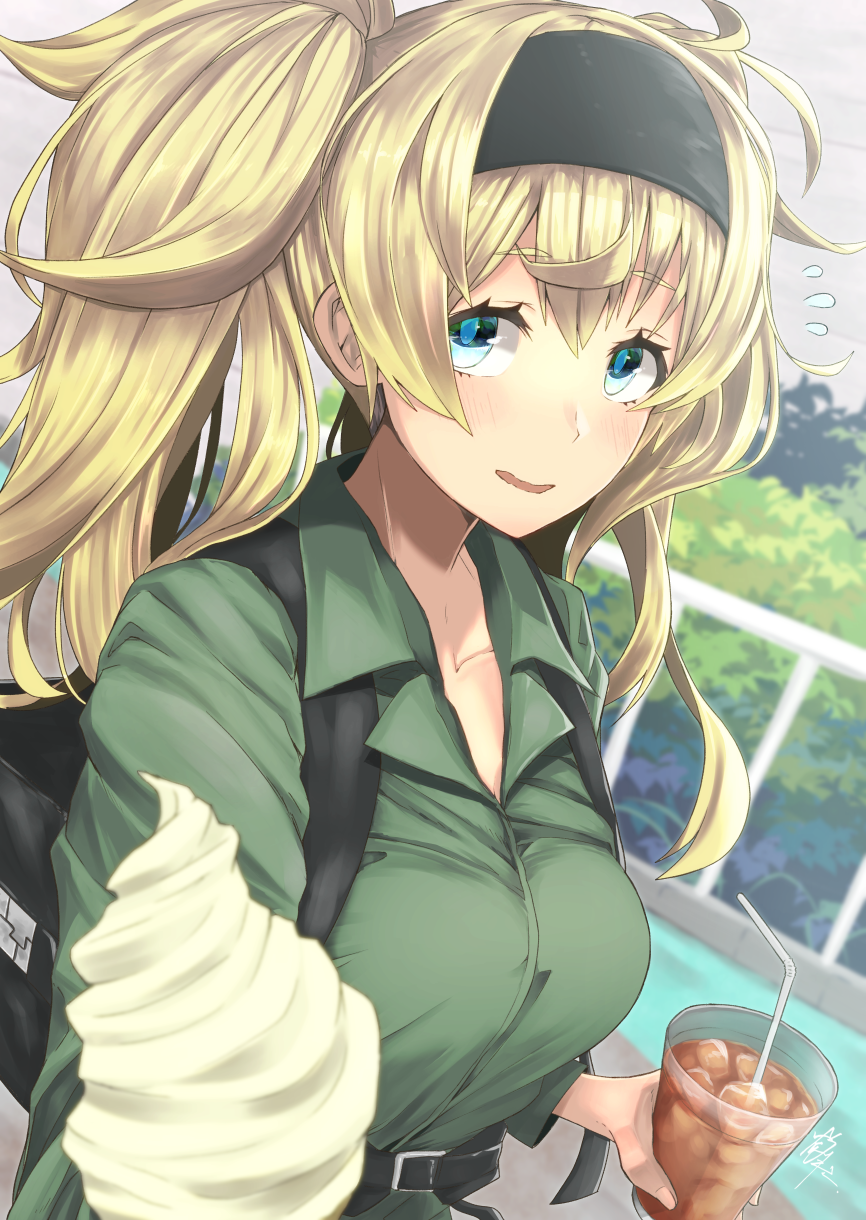 1girl, alternate_costume, awkward, bag, bangs, blonde_hair, blue_eyes, blurry, blurry_background, blush, breasts, bush, casual, collarbone, collared_shirt, cup, day, eyebrows_visible_through_hair, flying_sweatdrops, food, gambier_bay_(kantai_collection), green_shirt, hair_between_eyes, hairband, highres, holding, holding_cup, holding_food, ice_cream, ice_cream_cone, kantai_collection, large_breasts, long_hair, offering_food, open_mouth, outdoors, pov, railing, shirt, short_eyebrows, sidelocks, signature, smile, solo, strap, tsurukawasha, twintails