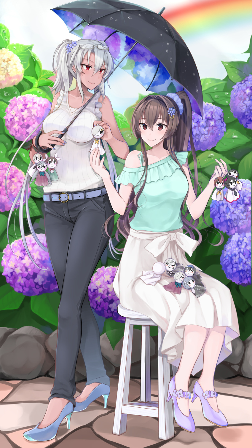 2girls, absurdres, alternate_costume, asashimo_(kantai_collection), bangs, bare_shoulders, belt, black_pants, black_umbrella, blouse, blue_footwear, blue_nails, blush, breasts, brown_eyes, brown_hair, buckle, casual, character_doll, closed_mouth, collarbone, cyan_blouse, dark_skin, day, eyebrows_visible_through_hair, eyewear_on_head, floral_print, flower, full_body, glasses, grey-framed_eyewear, hair_between_eyes, hamakaze_(kantai_collection), hands_up, hatsushimo_(kantai_collection), high_heels, highres, holding, holding_umbrella, hydrangea, isokaze_(kantai_collection), kantai_collection, kasumi_(kantai_collection), kiyoshimo_(kantai_collection), large_breasts, long_hair, looking_at_another, looking_away, multiple_girls, musashi_(kantai_collection), nail_polish, operation_ten-gou, outdoors, pants, ponytail, rainbow, red_eyes, scrunchie, semi-rimless_eyewear, shimakaze_(kantai_collection), sidelocks, silver_hair, sitting, skirt, smile, standing, stool, suzutsuki_(kantai_collection), teruterubouzu, tone_(kantai_collection), twintails, umbrella, under-rim_eyewear, water_drop, white_blouse, white_footwear, white_skirt, yahagi_(kantai_collection), yamato_(kantai_collection), yukikaze_(kantai_collection), yunamaro