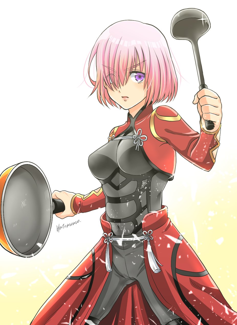 1girl, angry, archer, archer_(cosplay), artist_name, bodysuit, breasts, commentary_request, cosplay, dual_wielding, fate/grand_order, fate/stay_night, fate_(series), frown, fry_pan, hair_over_one_eye, highres, holding_ladle, holding_pan, hutomomo_syobou, ladle, long_sleeves, mash_kyrielight, medium_breasts, navel, parted_lips, pink_hair, shielder_(fate/grand_order), short_hair, sparkle, spoon, violet_eyes