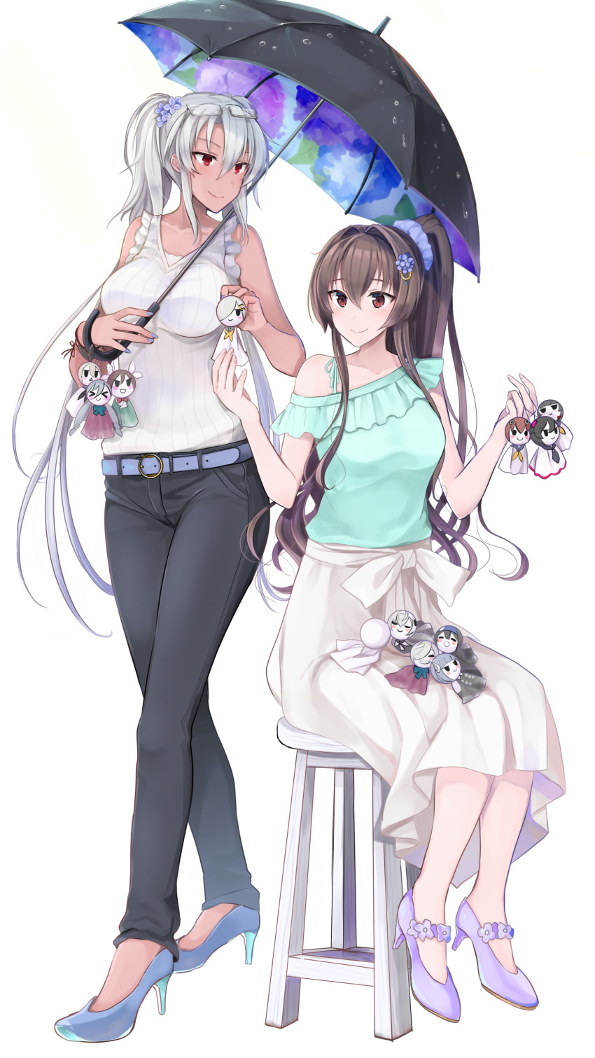 2girls, absurdres, alternate_costume, asashimo_(kantai_collection), bangs, bare_shoulders, belt, black_pants