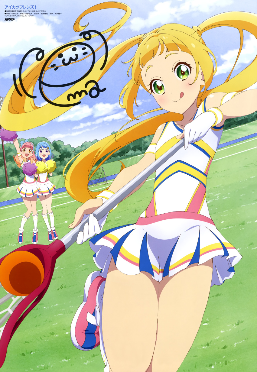 3girls, absurdres, aikatsu!_(series), aikatsu_friends!, animedia, blonde_hair, blue_footwear, blue_hair