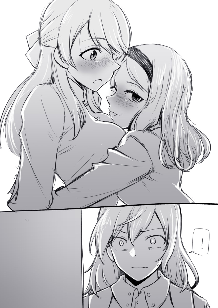!, 3girls, absurdres, arms_around_waist, blush, character_request, eyebrows_visible_through_hair, greyscale