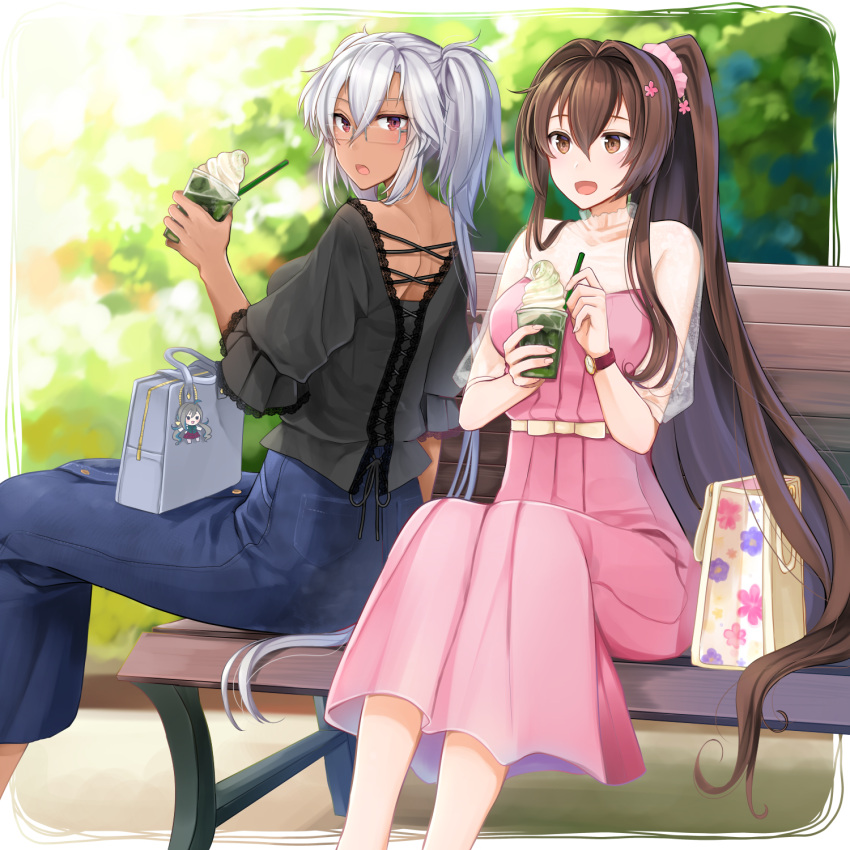 2girls, alternate_costume, alternate_hairstyle, arm_support, bag, bag_charm, bangs, bench