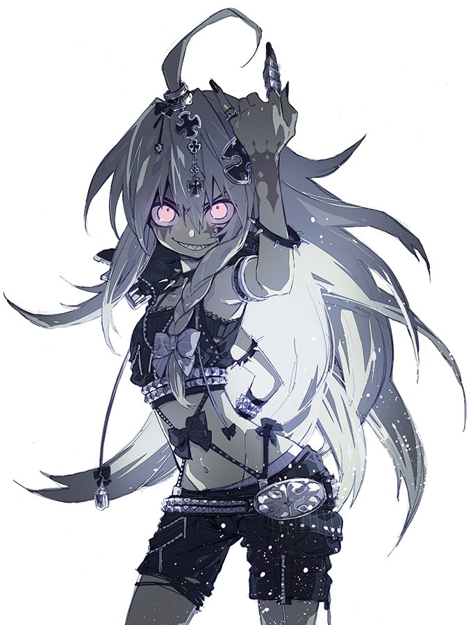 1girl, \m/, ahoge, arm_up, belt, black_camisole, black_clothes, black_nails