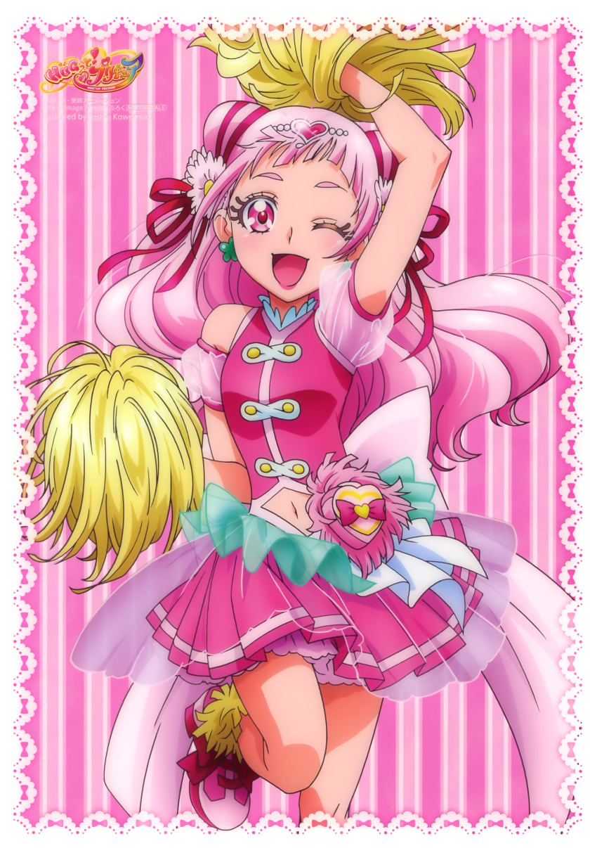 1girl, ;d, absurdres, artist_name, back_bow, bare_shoulders, blush, bow
