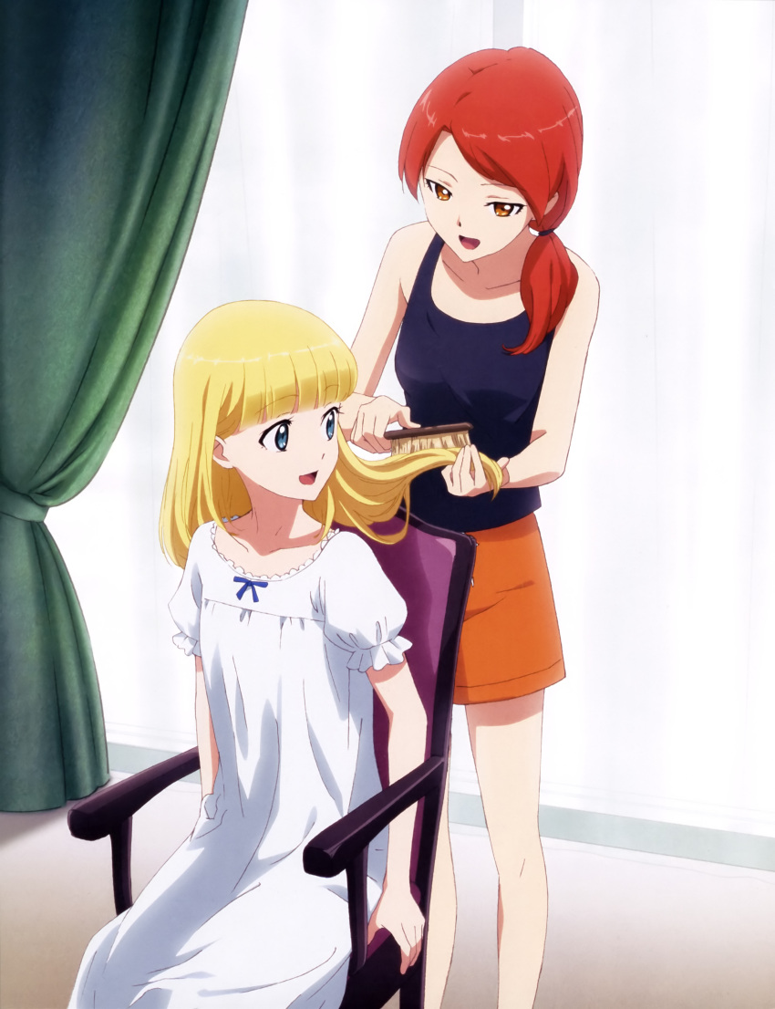 2girls, :d, absurdres, alexandra_magritte, artist_request, bangs, bare_shoulders, black_shirt