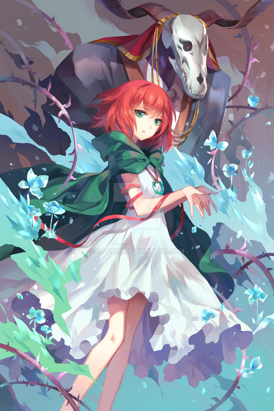 1girl, bangs, bare_legs, cape, dress, green_eyes, hatori_chise, highres, hood, kyurin_(sunnydelight), looking_at_viewer, mahou_tsukai_no_yome, open_mouth, redhead, short_hair