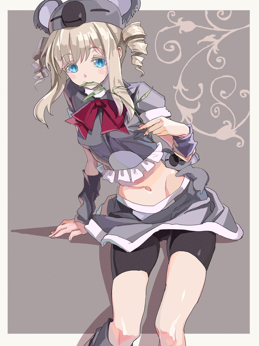 1girl, aislinn_wishart, animal_hat, arm_support, bike_shorts, black_footwear, blonde_hair, blue_eyes