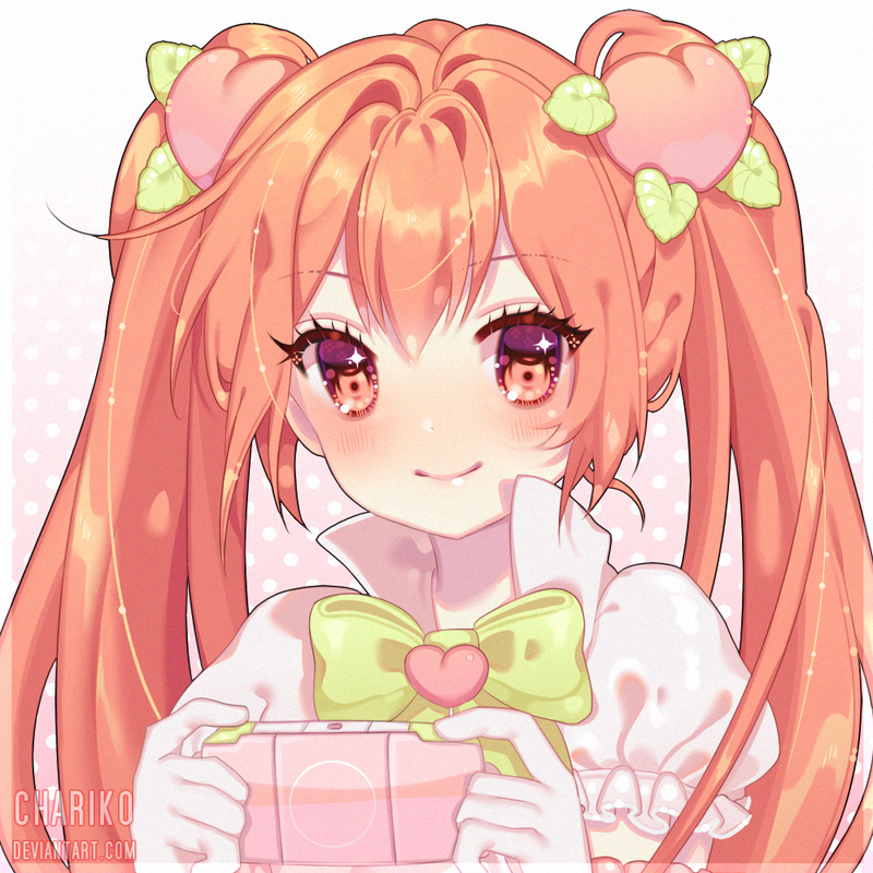 1girl, bangs, blush, bow, brown_eyes, chariko, commission, food_themed_hair_ornament