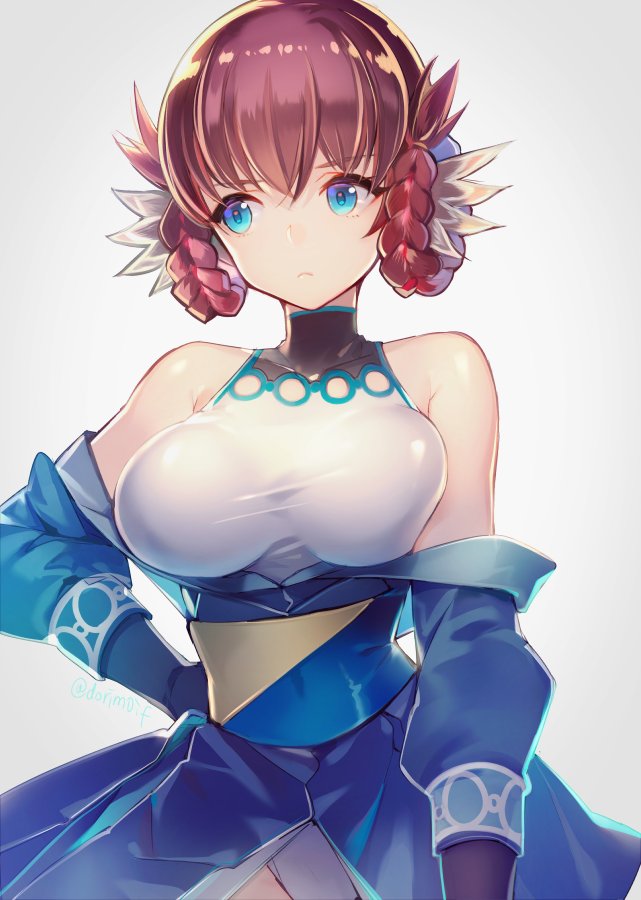 1girl, bare_shoulders, blue_eyes, braid, breasts, grey_background, hair_rings, hand_on_hip