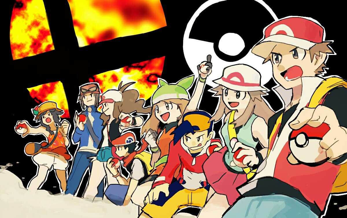 4boys, 4girls, backpack, bag, bandanna, blue_(pokemon), calme_(pokemon), creatures_(company), eyewear_on_headwear, game_freak, gold_(pokemon), haruka_(pokemon), hat, kneeling, kouki_(pokemon), lineup, mizuki_(pokemon), multiple_boys, multiple_girls, nintendo, olm_digital, one_knee, poke_ball, poke_ball_(generic), pokemon, pokemon_(game), pokemon_bw, pokemon_dppt, pokemon_frlg, pokemon_gsc, pokemon_rse, pokemon_usum, pokemon_xy, red_(pokemon), red_(pokemon_frlg), shorts, smash_ball, smile, sun_hat, super_smash_bros., super_smash_bros._ultimate, super_smash_bros_brawl, tank_top, tofu_(tttto_f), touko_(pokemon), tv_tokyo