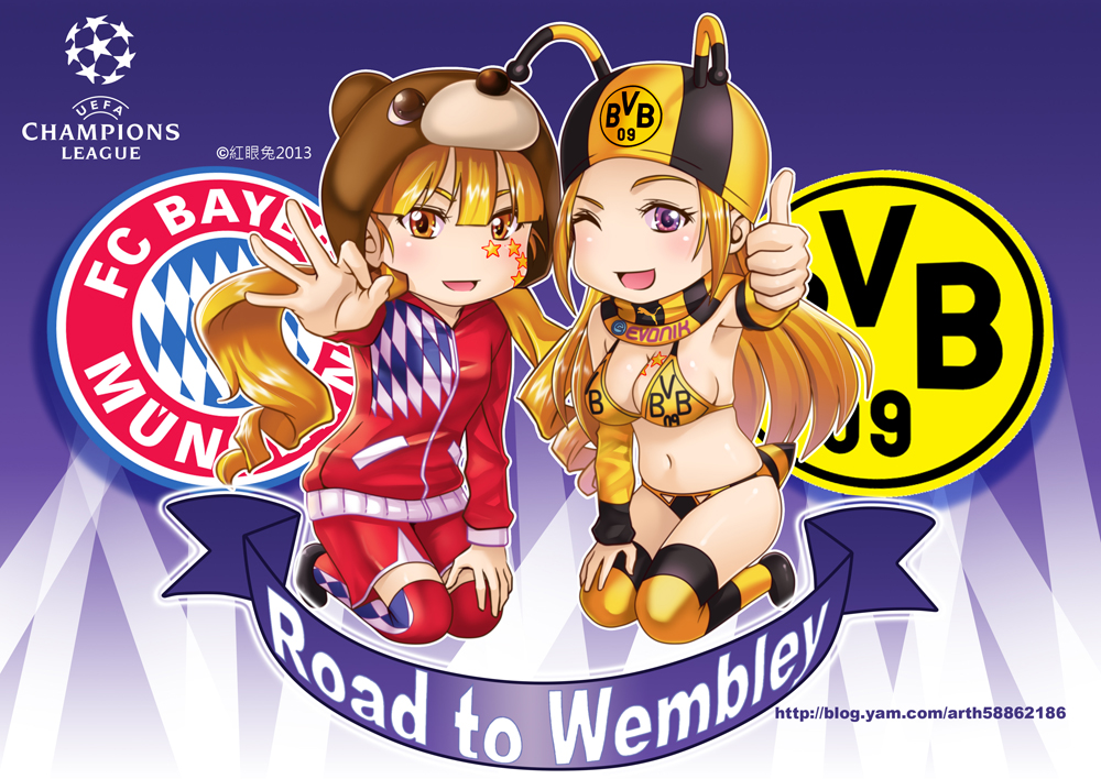 2girls, :d, ;d, bikini, blonde_hair, blush, borussia_dortmund, breasts