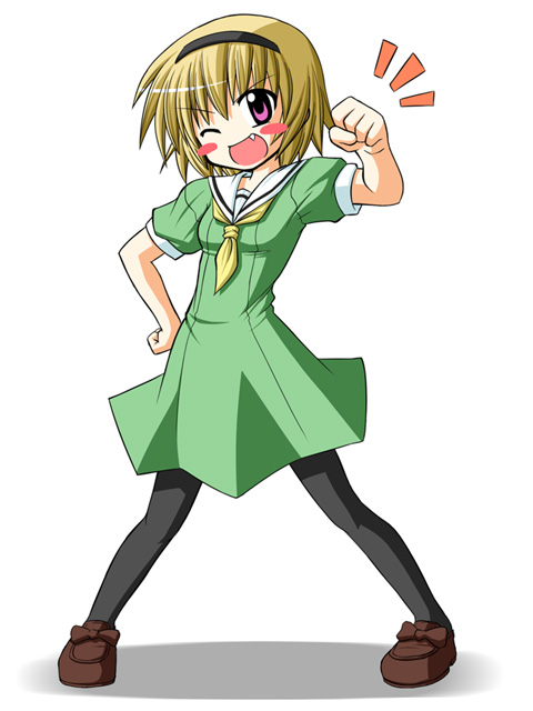 blonde_hair, blush, dress, fang, hairband, headband, higurashi_no_naku_koro_ni, houjou_satoko