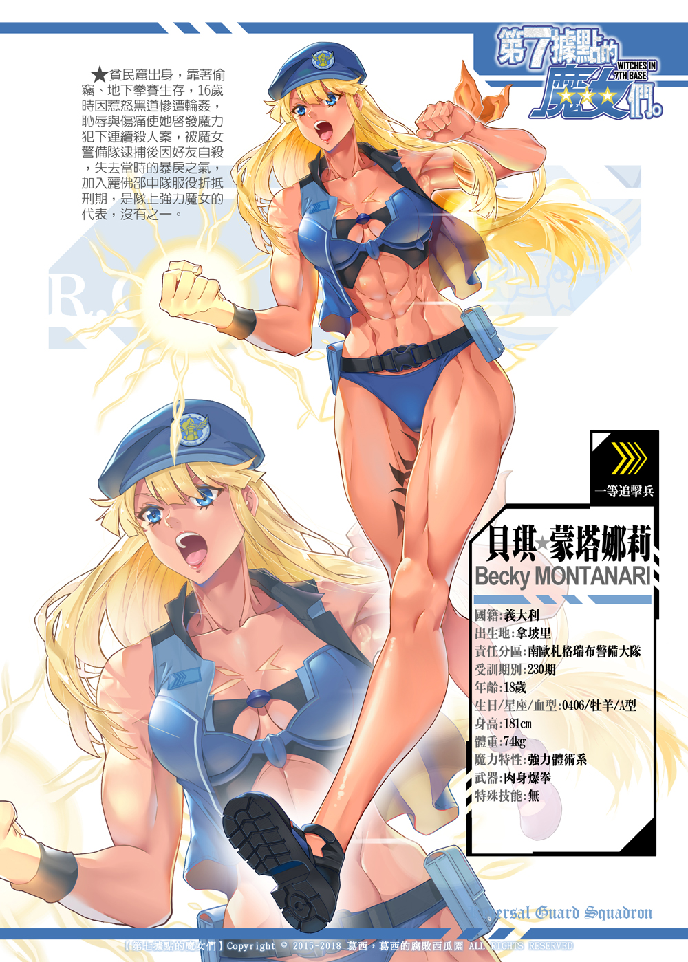 1girl, becky_montanari, blonde_hair, blue_eyes, breasts, character_name, character_profile, dark_skin