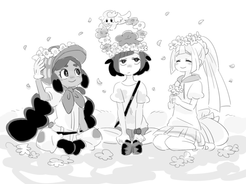 3girls, amagaeru_(amapippi052525), beanie, bonnet, closed_eyes, comfey, gen_7_pokemon, gloves