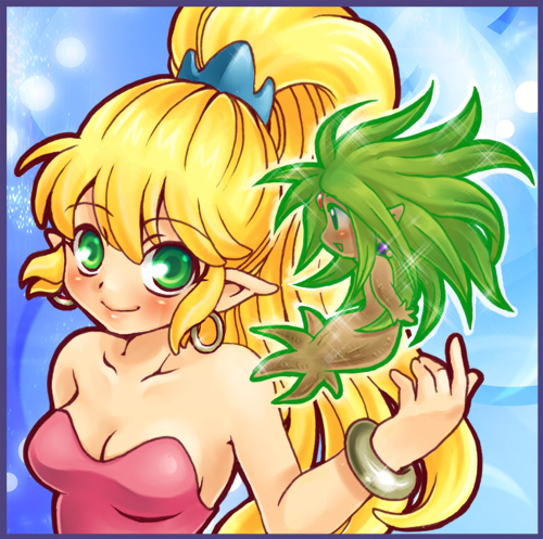 blush, bracelet, breasts, cleavage, demerin, dress, dryad, dryad_(seiken_densetsu), green_eyes, green_hair, jewelry, long_hair, lowres, pointy_ears, ponytail, purim, seiken_densetsu, seiken_densetsu_2, smile