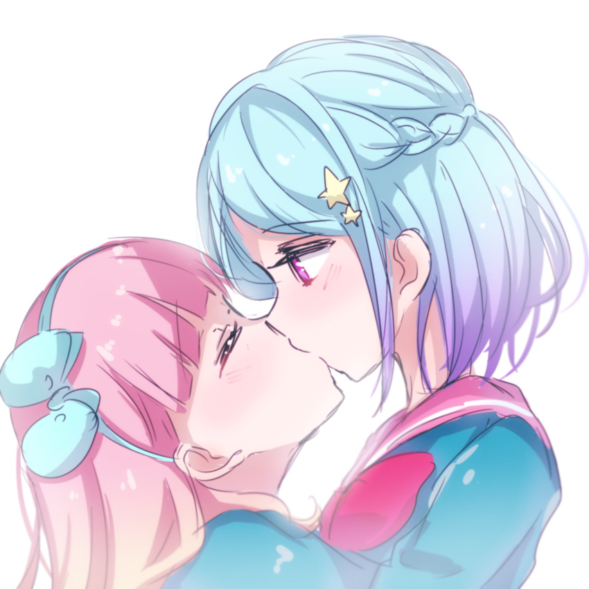 2girls, absurdres, aikatsu!_(series), aikatsu_friends!, bangs, blue_bow, blue_hair, blunt_bangs