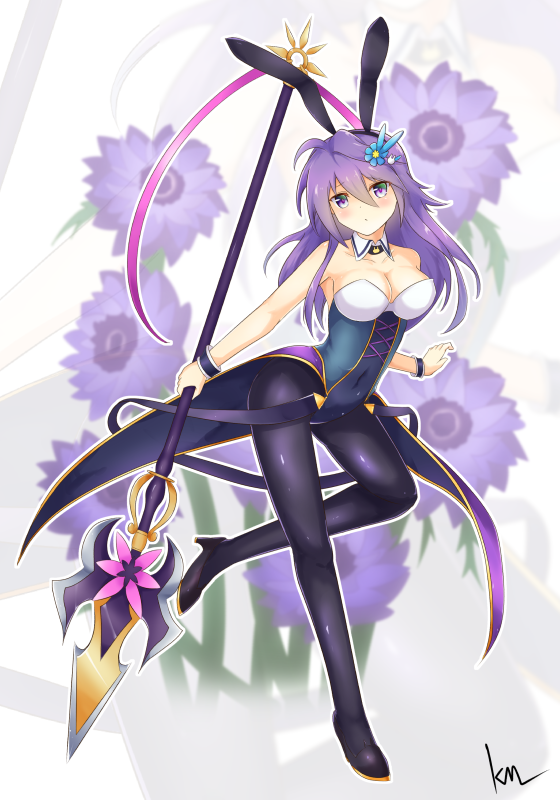 1girl, anemone_(flower_knight_girl), animal_ears, blue_eyes, blush, breasts, bunny_girl, bunnysuit