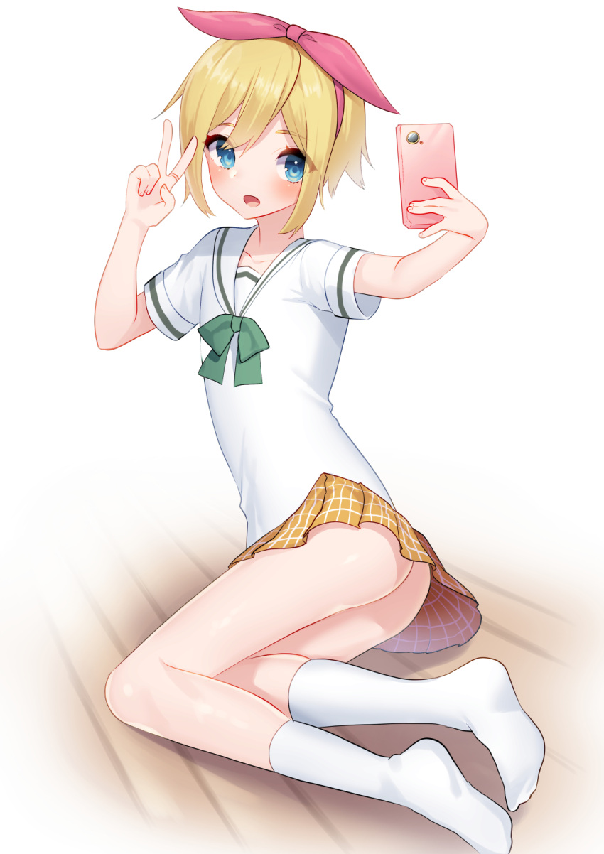 1girl, blonde_hair, cellphone, female, hair_ornament, hair_ribbon, highres, mahou_shoujo_site, miniskirt, phone, ribbon, school_uniform, short_hair, sitting, skirt, smartphone, suirenji_kiyoharu, white_legwear