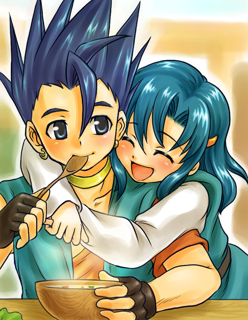 blush, bowl, brother_and_sister, demerin, dragon_quest, dragon_quest_vi, eating, fingerless_gloves
