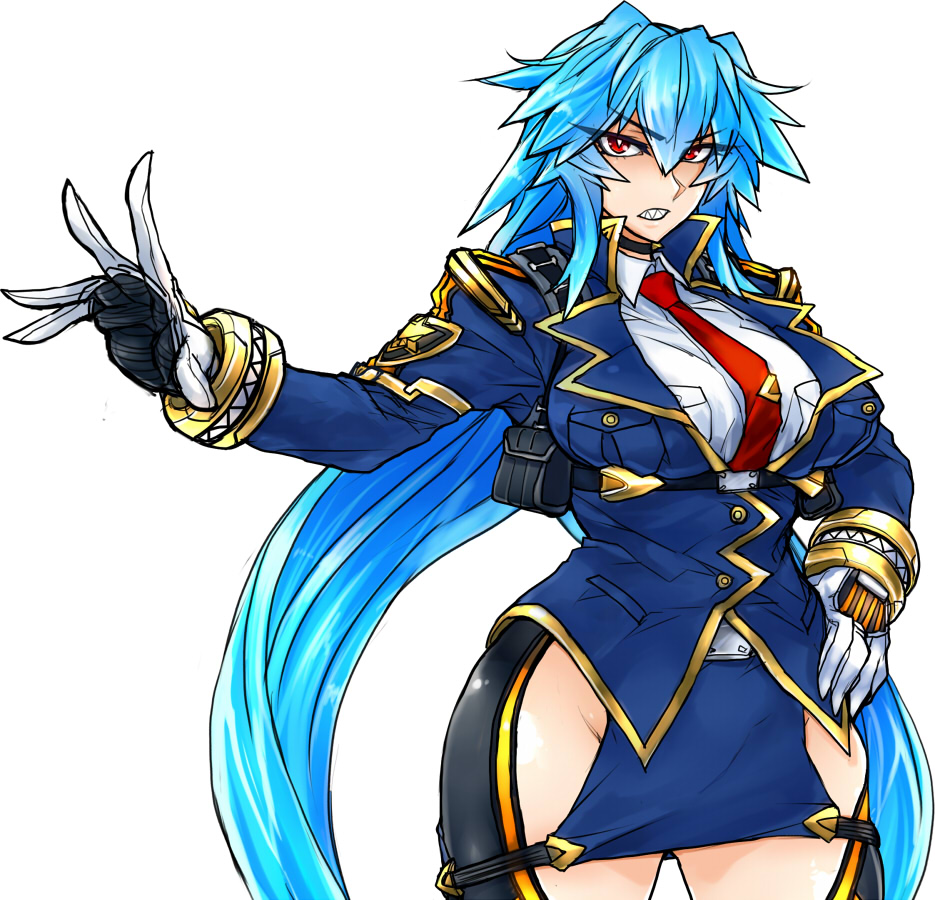 1girl, belt, black_choker, blue_hair, blue_jacket, blue_skirt, breasts, bright_pupils