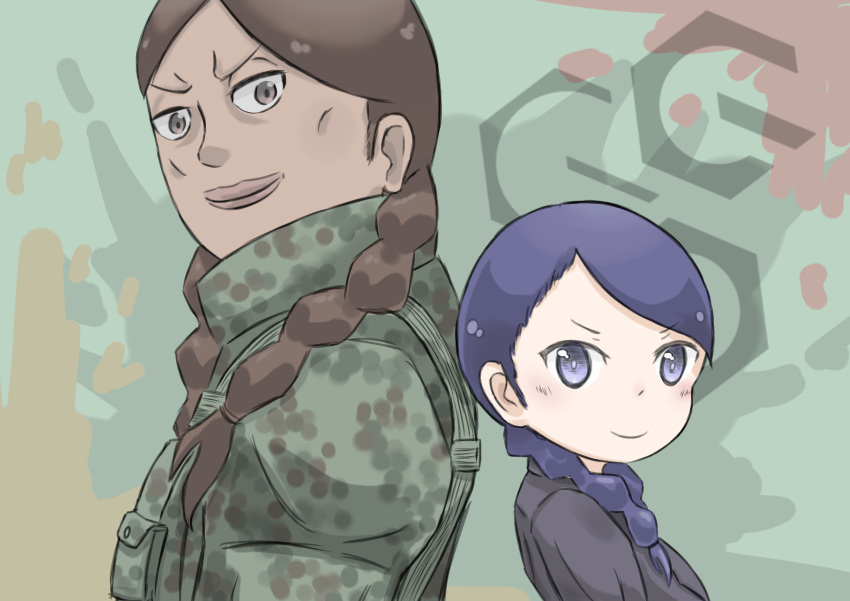 2girls, blue_eyes, brown_eyes, brown_hair, camouflage, dark_skin, dual_persona, eva_(sao)