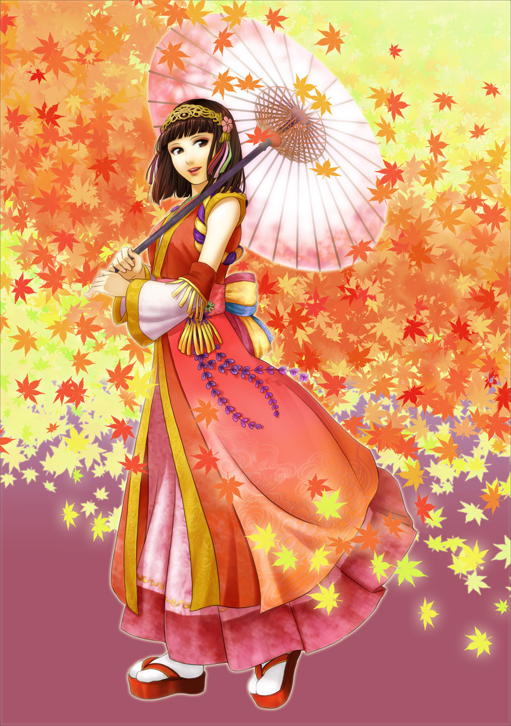 brown_eyes, brown_hair, detached_sleeves, dress, female, hairband, japanese_clothes, kinoeneko, kinoko_nokonoko, okuni, oriental_umbrella, sandals, sengoku_musou, short_hair, solo, umbrella
