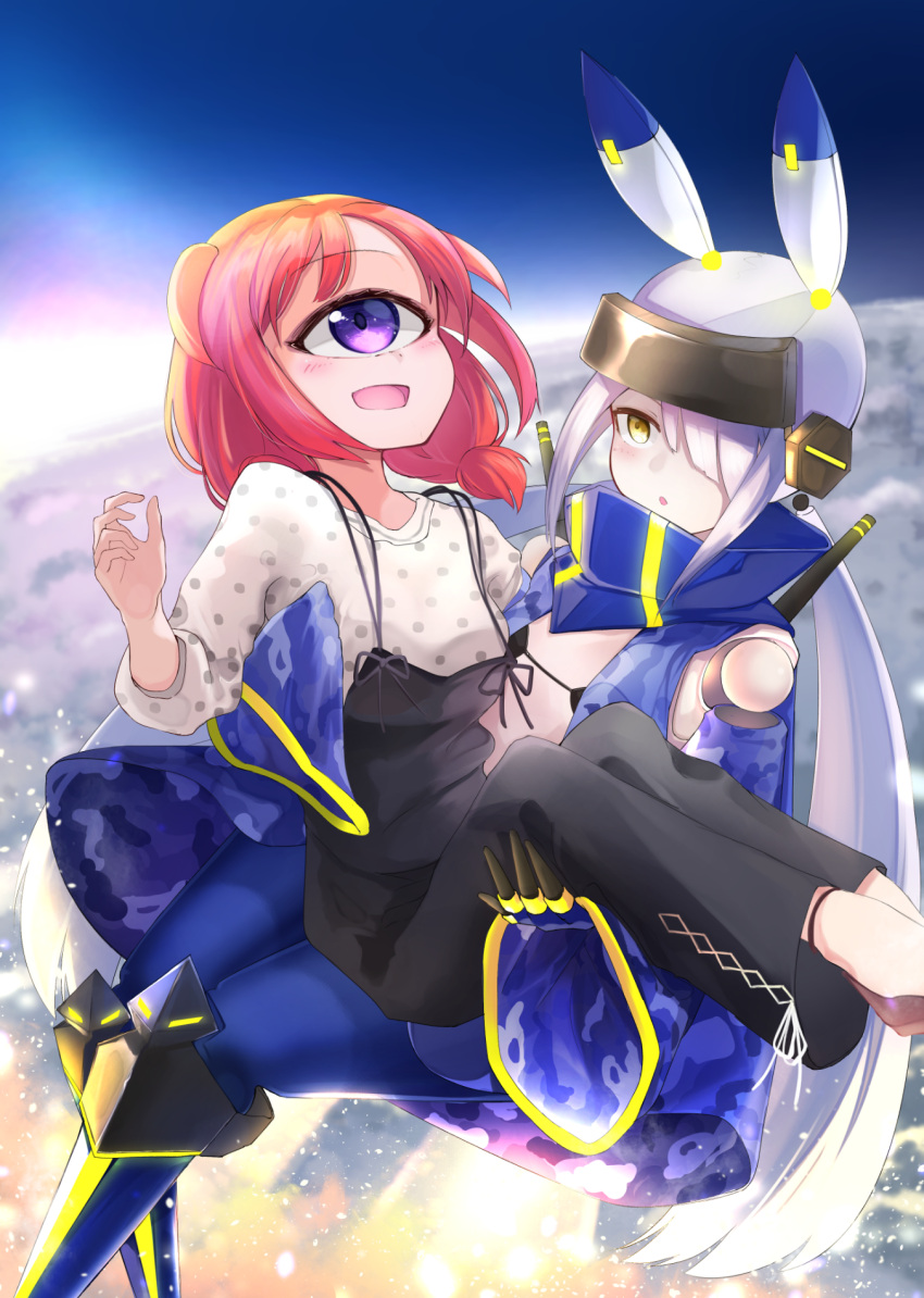 2girls, black_pants, blue_legwear, blue_sky, carrying, clouds, cyclops, date_(mamanonamaebot)