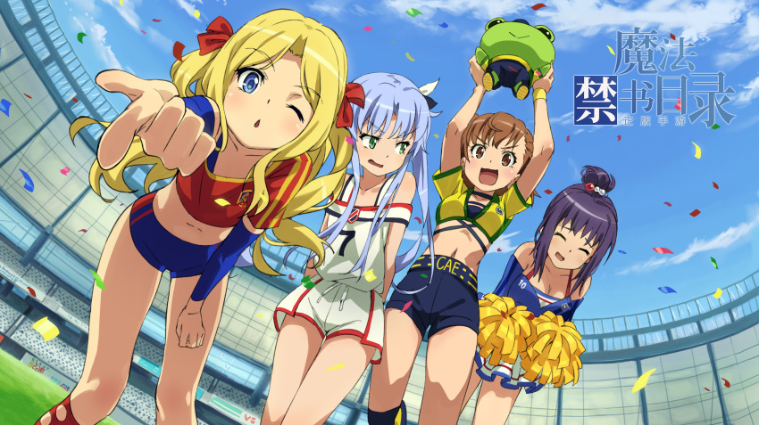 absurdres, arms_behind_back, arms_up, artist_request, bare_shoulders, blonde_hair, blown_kiss, blue_eyes