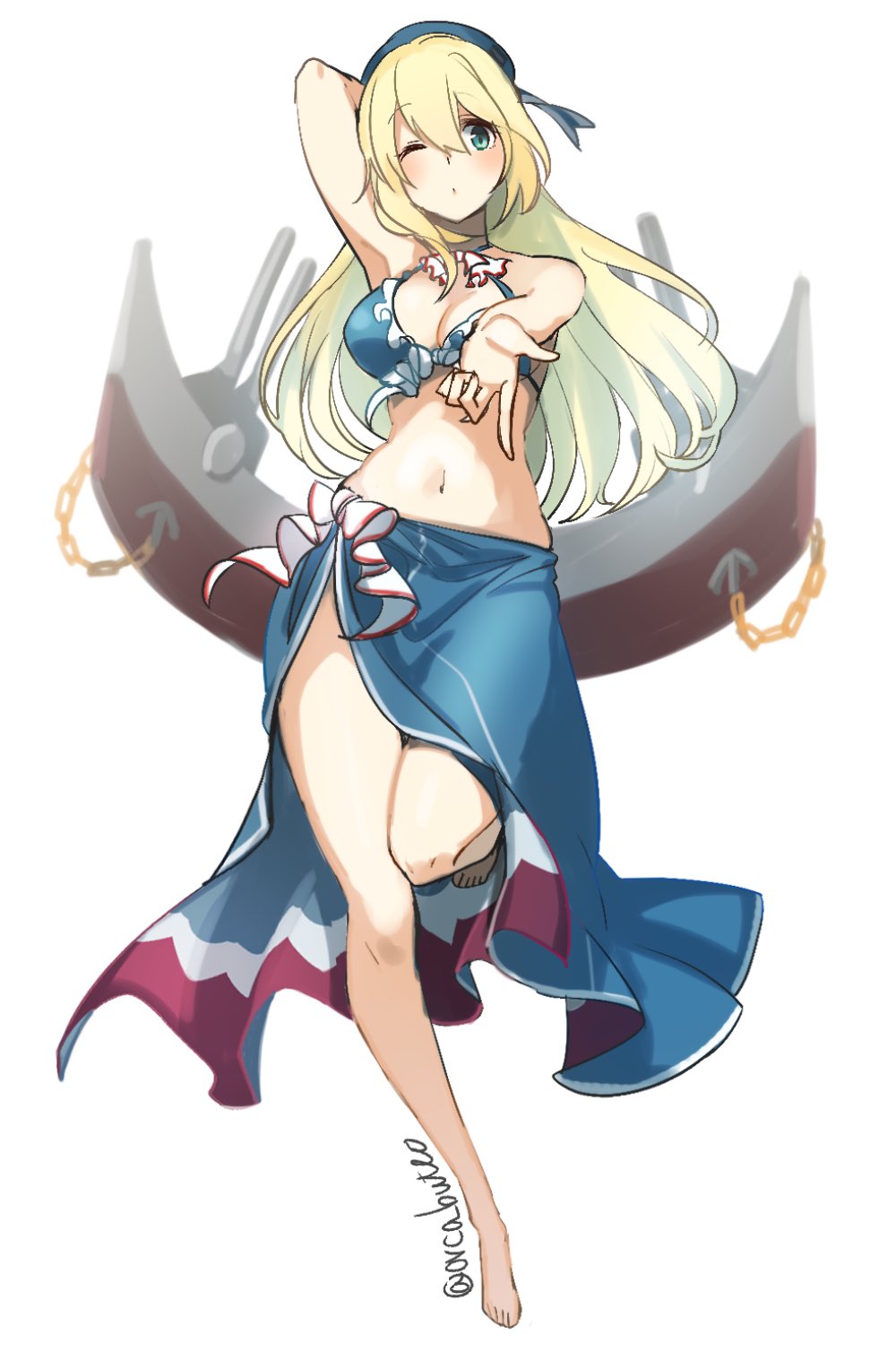 1girl, atago_(kantai_collection), barefoot, beret, bikini, blonde_hair, blue_bikini, blue_hat