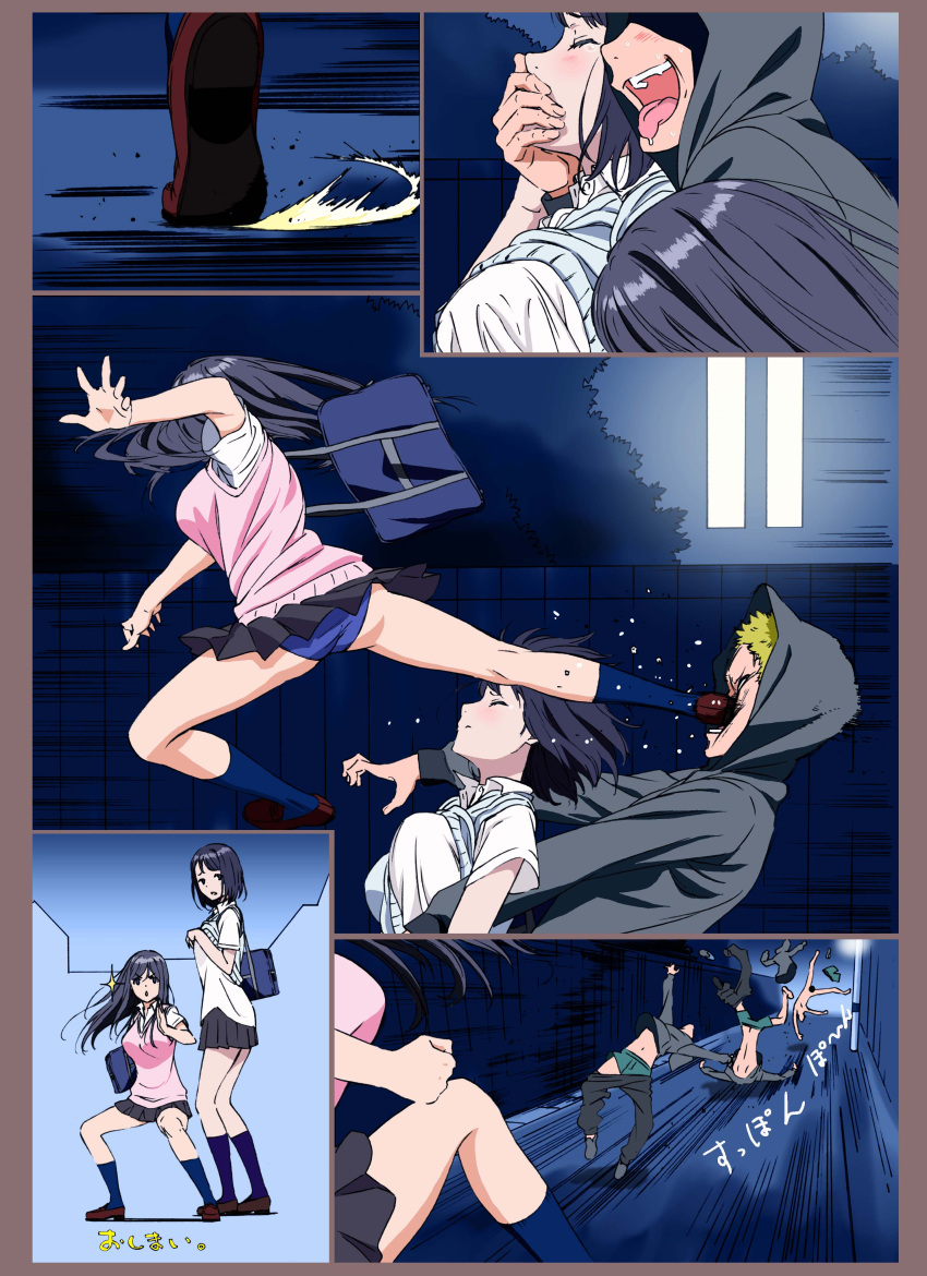 >:o, 1boy, 2girls, absurdres, alley, bag, black_hair, black_hoodie
