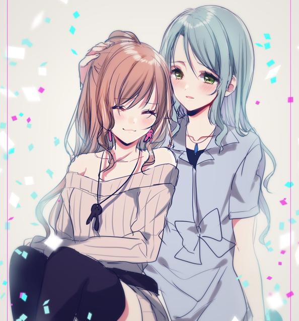 2girls, :3, ^_^, aqua_hair, bang_dream!, bangs, black_legwear, blue_shirt