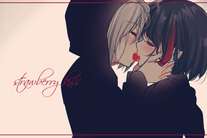 2girls, aoba_moka, bang_dream!, bangs, black_hair, black_hoodie, blush, bob_cut