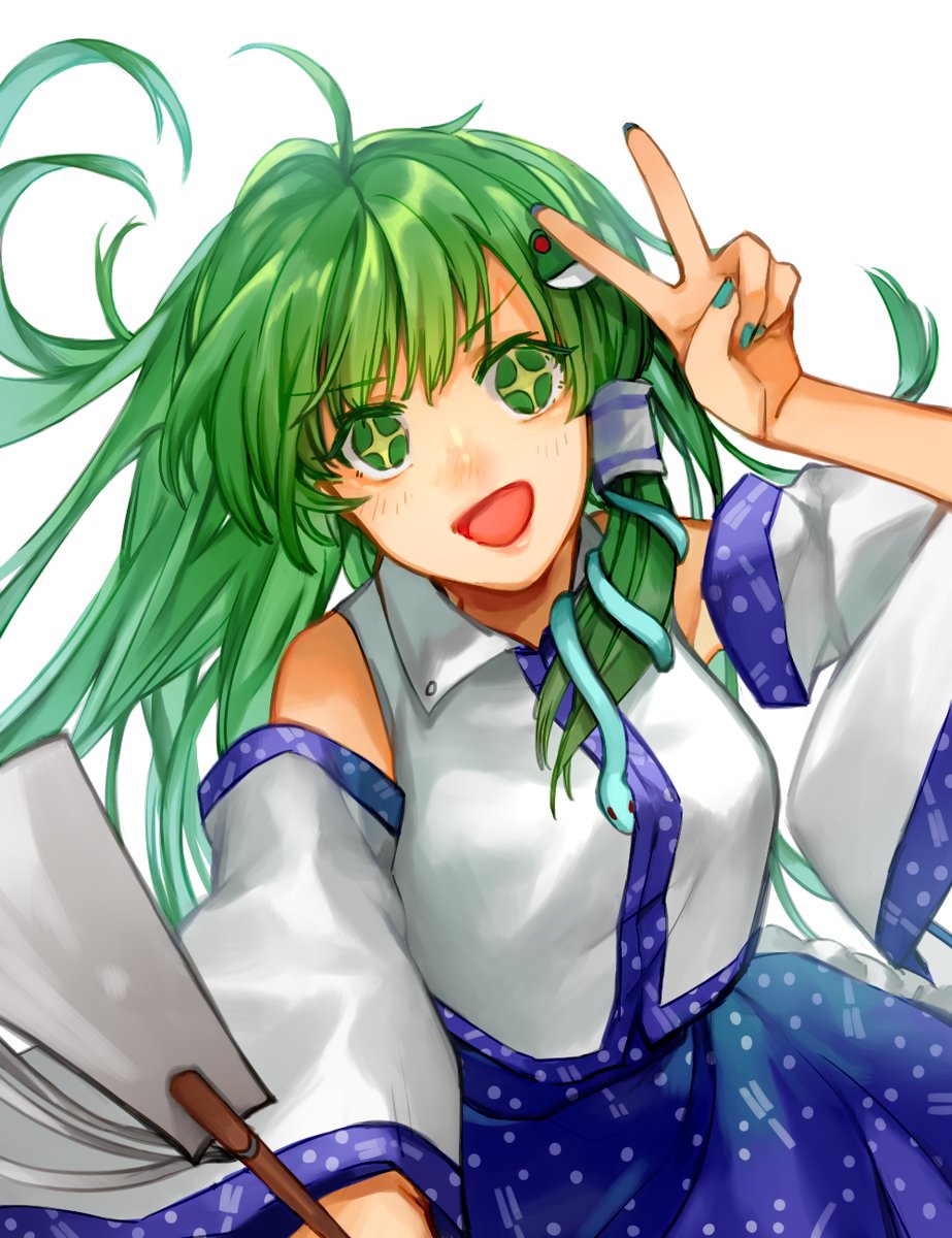 1girl, blush, breast, detached_sleeves, frog, gohei, green_eyes, green_hair