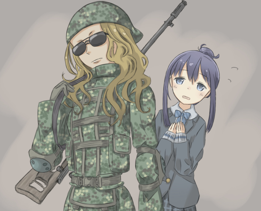 anna_(sao), blonde_hair, blue_eyes, blue_hair, camouflage, character_request, dual_persona, gun