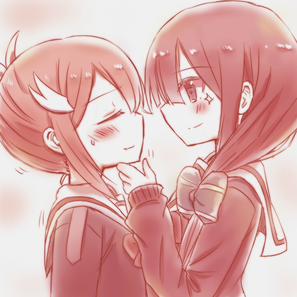 2girls, bangs, blush, bow, closed_eyes, facing_another, from_side, hair_bow