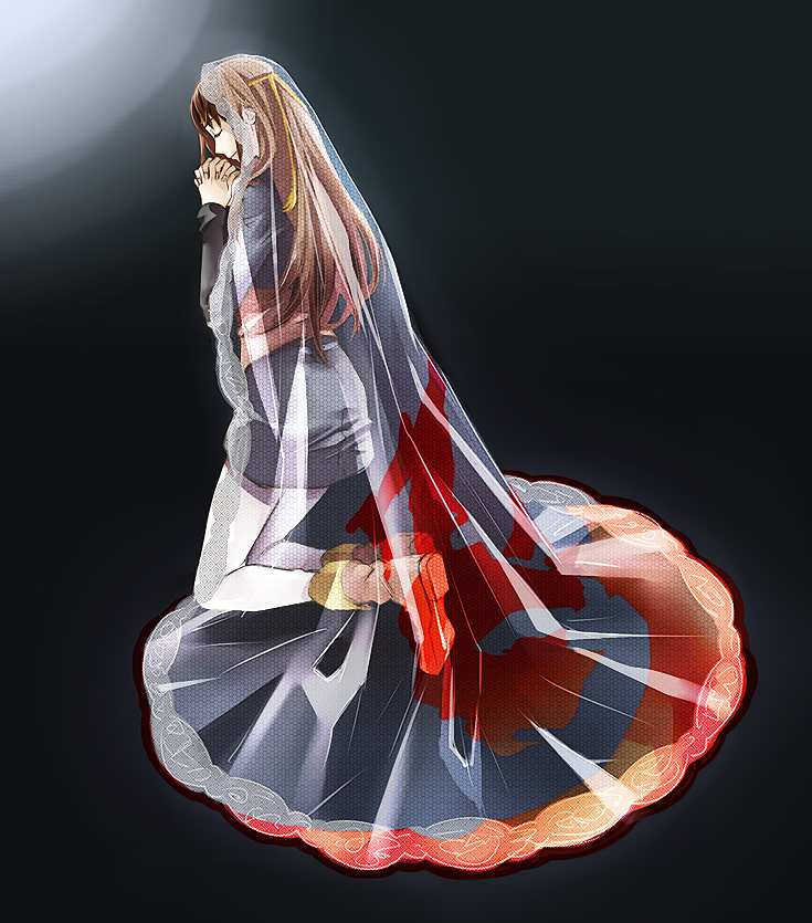 1girl, brown_hair, cape, circlet, closed_eyes, closed_mouth, commentary_request, dress