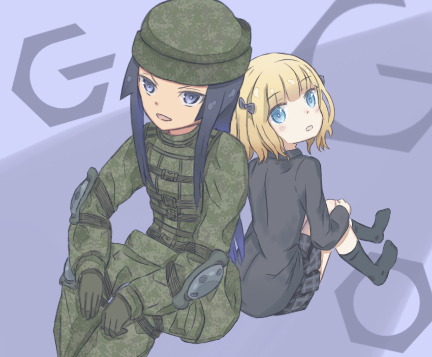 blonde_hair, blue_eyes, blue_hair, bow, camouflage, commentary, dual_persona, elbow_pads