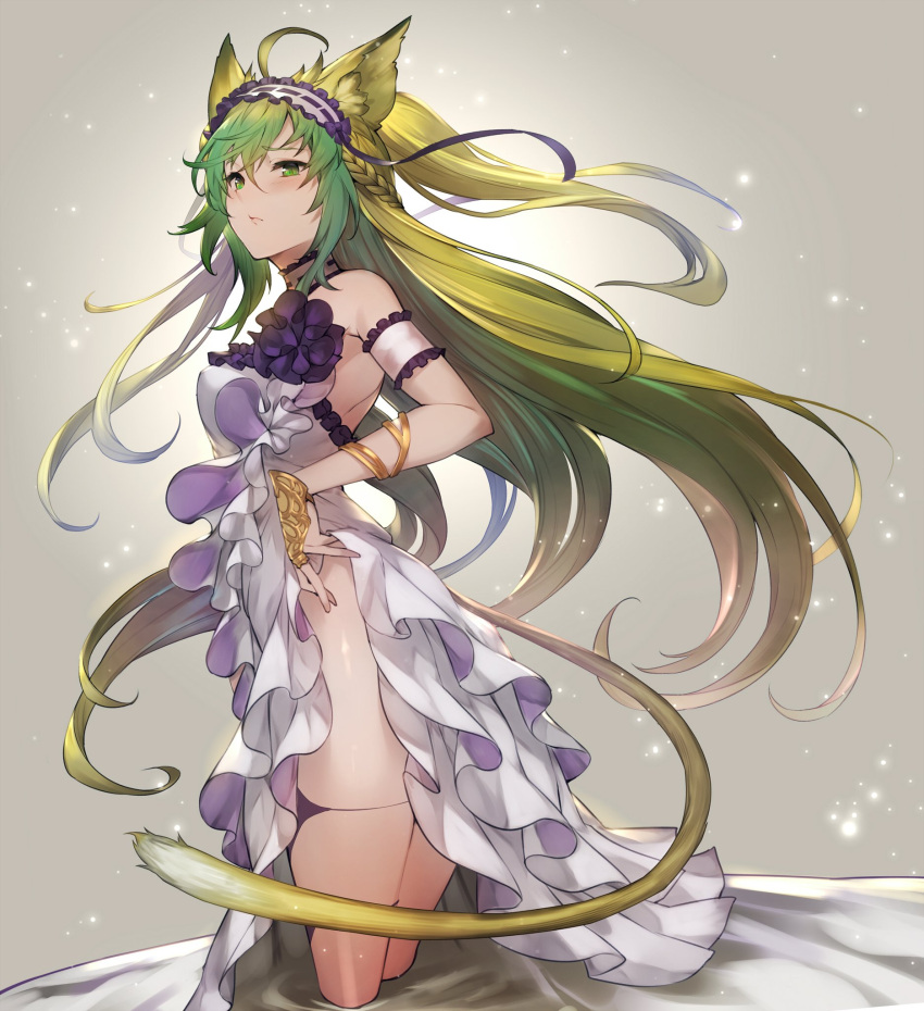 1girl, ahoge, alternate_costume, animal_ears, armlet, atalanta_(fate), bare_shoulders, blush