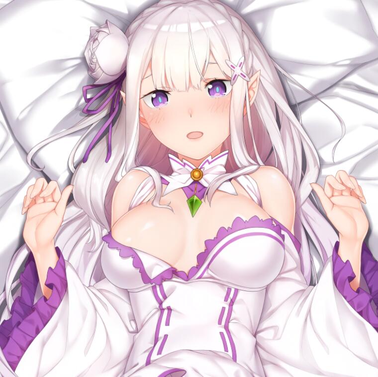 1girl, bed_sheet, blush, breasts, cleavage, collar, dakimakura, dress