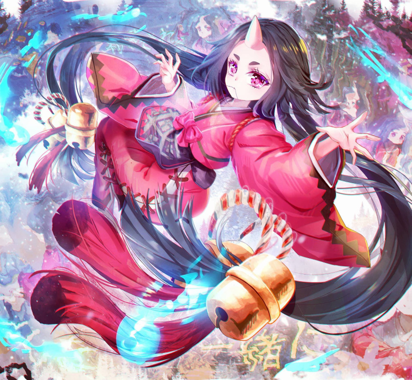 1girl, bell, borrowed_character, commentary_request, daikazoku63, floating_hair, foreshortening, hair_in_mouth