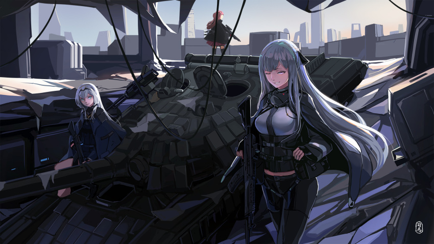 3girls, ak-12, ak-12_(girls_frontline), an-94, an-94_(girls_frontline), ar-15, assault_rifle, cityscape