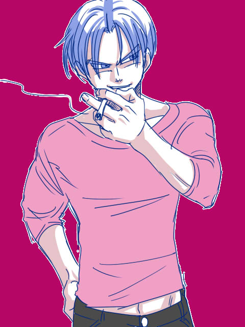 1boy, cigarette, dragon_ball, dragonball_z, eyebrows_visible_through_hair, fingernails, grey_pants, grin
