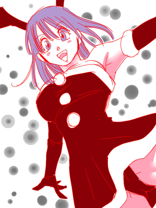 1girl, :d, armpits, bare_shoulders, blush_stickers, breasts, bulma, christmas, christmas_dress, cowboy_shot, dragon_ball, dragonball_z, dress, elbow_gloves, eyebrows_visible_through_hair, floating_hair, gloves, happy, horns, kuri_(pienu), long_hair, looking_at_viewer, open_mouth, purple_hair, red_dress, simple_background, sleeveless, smile, solo_focus, upper_body, violet_eyes, white_background