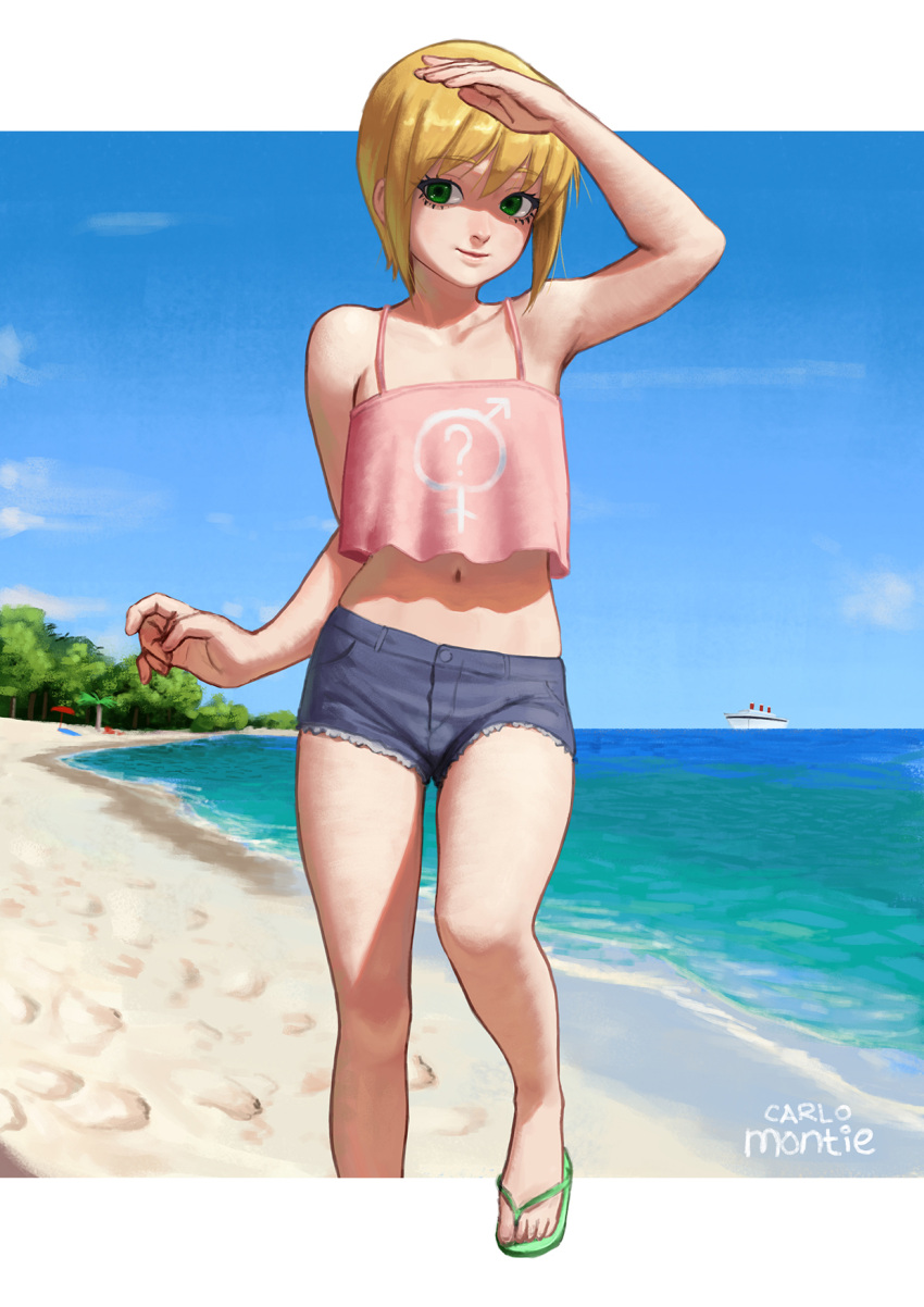 1boy, ?, artist_name, bare_shoulders, beach, blonde_hair, boku_no_pico, camisole
