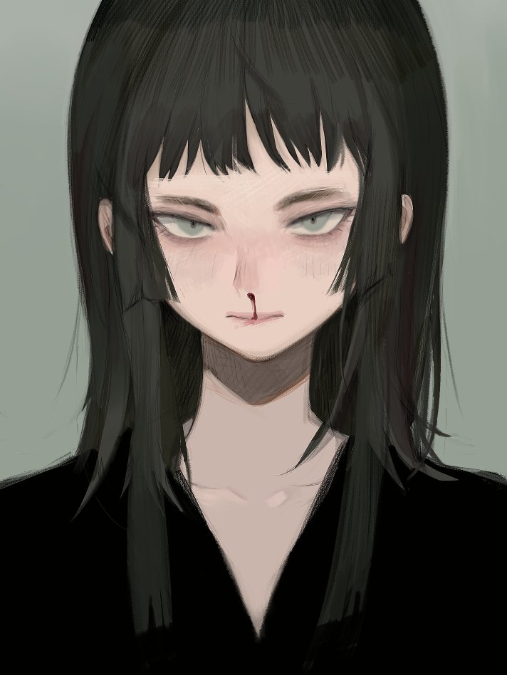 black_hair, black_shirt, blood, empty_eyes, expressionless, face, freng, green_eyes