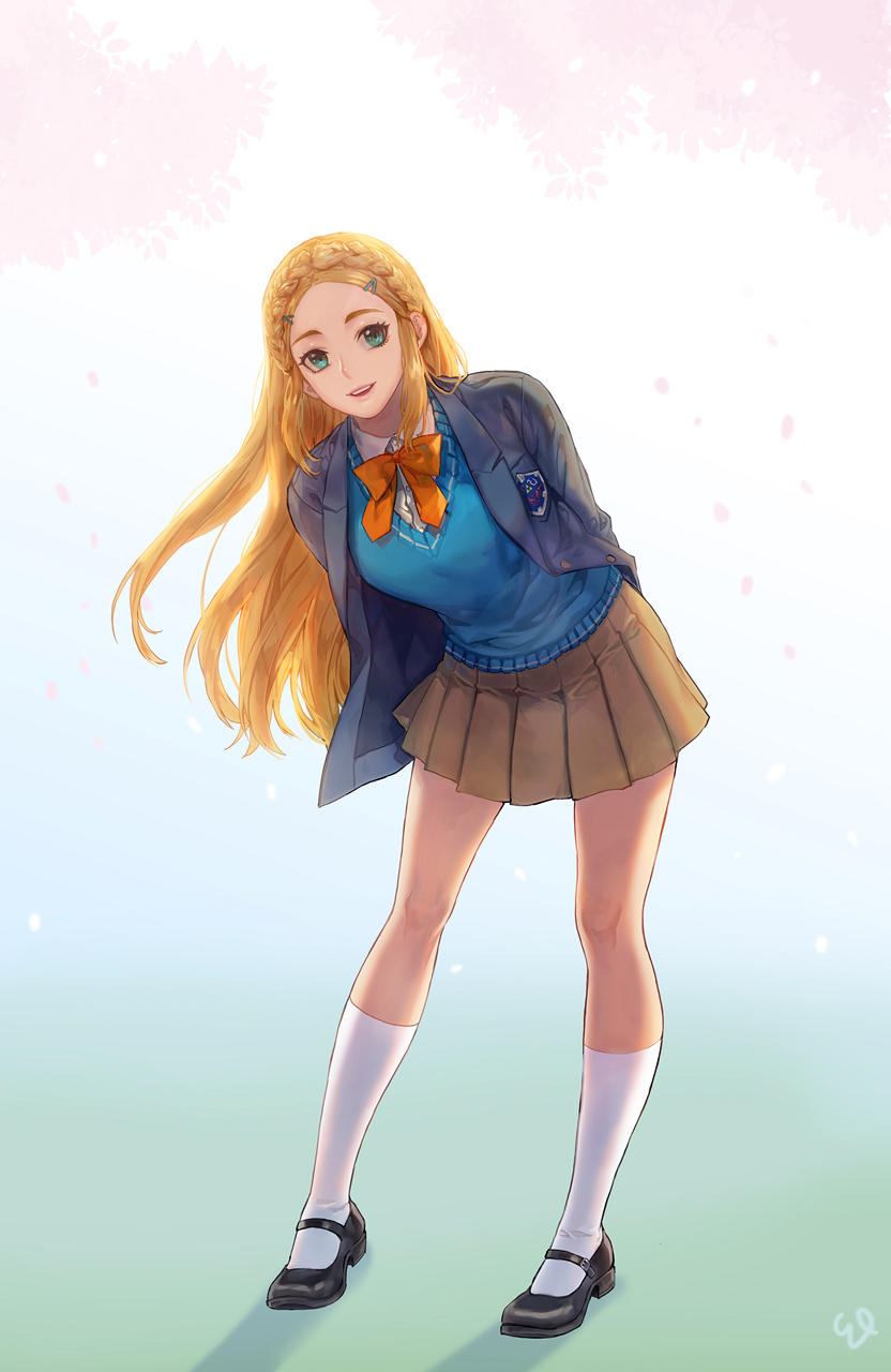 1girl, alternate_costume, arms_behind_back, bent_over, blonde_hair, blue_eyes, braid, breasts, cherry_blossoms, collared_shirt, contemporary, ed_(chibied), full_body, hair_ornament, hairclip, highres, jacket, leaning_forward, long_hair, looking_at_viewer, medium_breasts, miniskirt, neck_ribbon, open_mouth, petals, platform_footwear, pleated_skirt, princess_zelda, ribbon, shirt, skirt, smile, socks, solo, standing, the_legend_of_zelda, the_legend_of_zelda:_breath_of_the_wild, thick_eyebrows, vest, white_legwear
