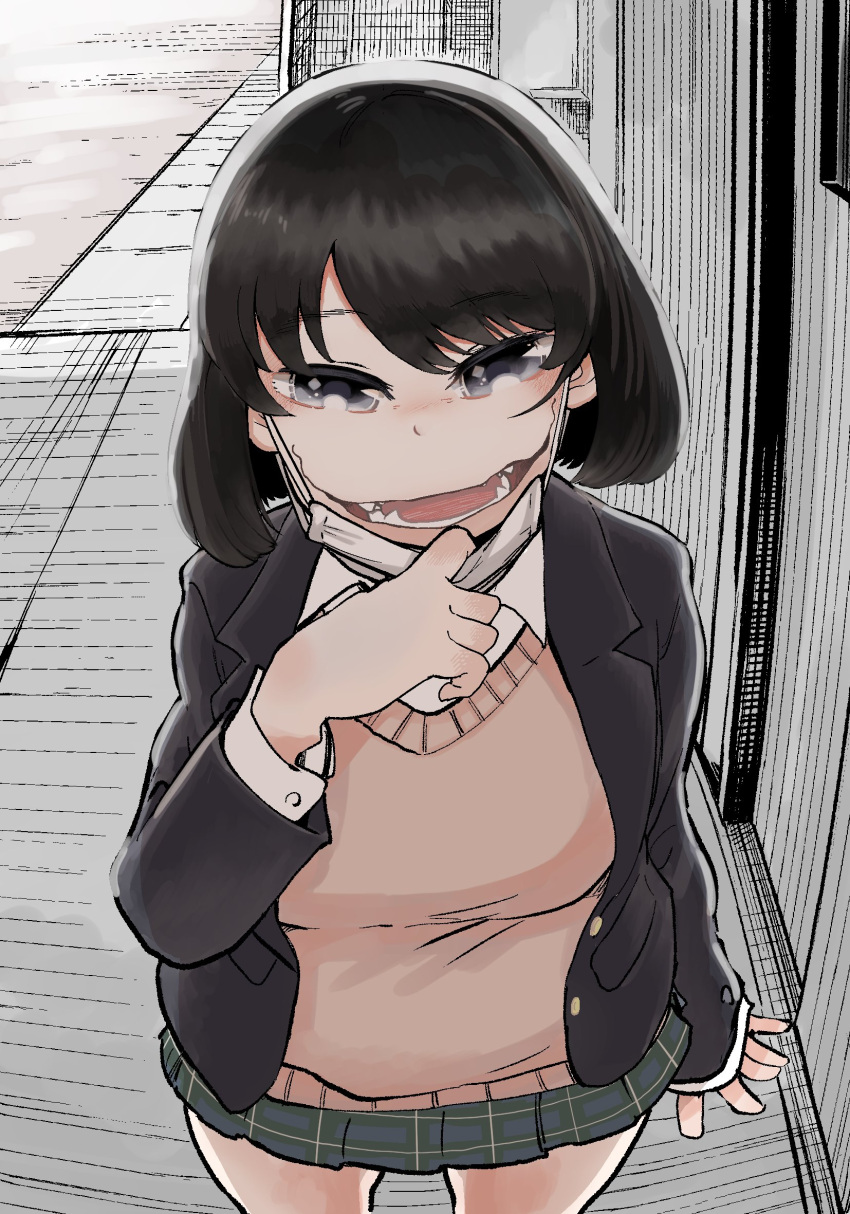 1girl, big_eyes, brown_hair, brown_jacket, collared_shirt, commentary_request, green_skirt, grey_eyes, grin, hare_(tetterutei), highres, jacket, kuchisake-onna, long_hair, long_sleeves, mask_pull, original, outdoors, pleated_skirt, shirt, skirt, smile, solo, standing, surgical_mask, sweater, white_shirt, wing_collar