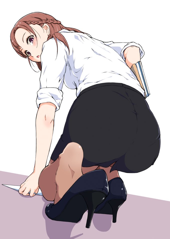 1girl, :o, ass, bangs, black_footwear, black_skirt, blush, book